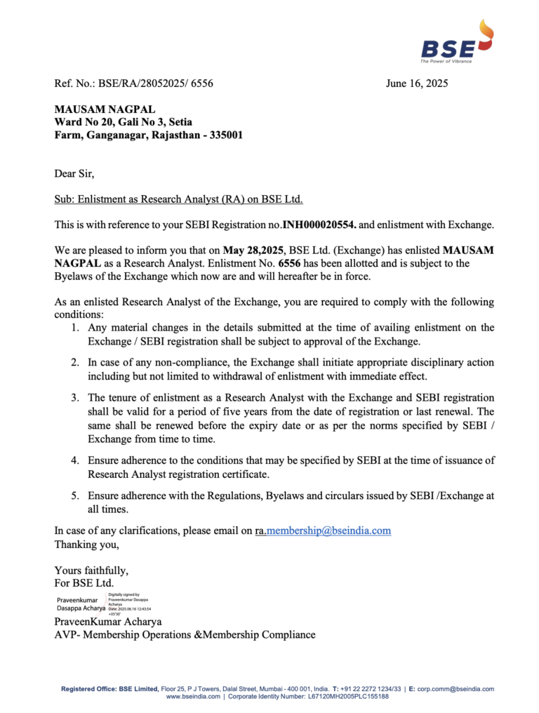 mausam nagpal BSE enlistment number